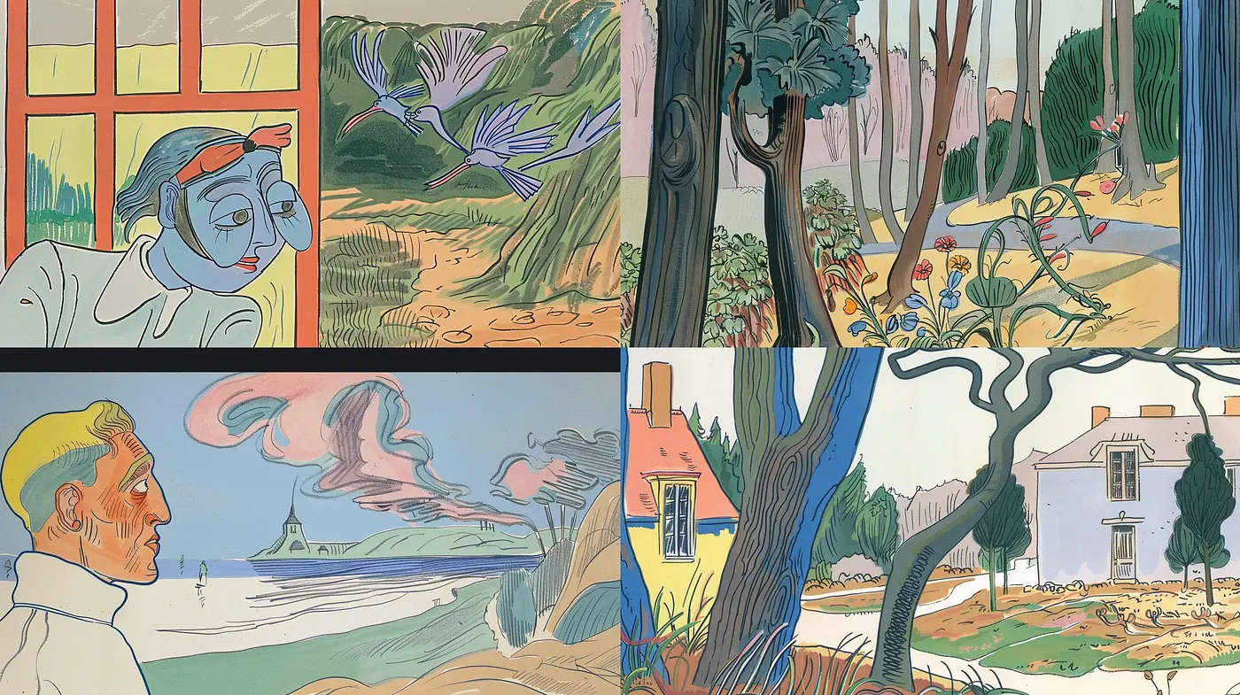 Consistent Vintage Hues And Expressive Contours: A Fusion of Mid-20th Century Comic Art and Post-Impressionist Influence - Midjourney sref style
