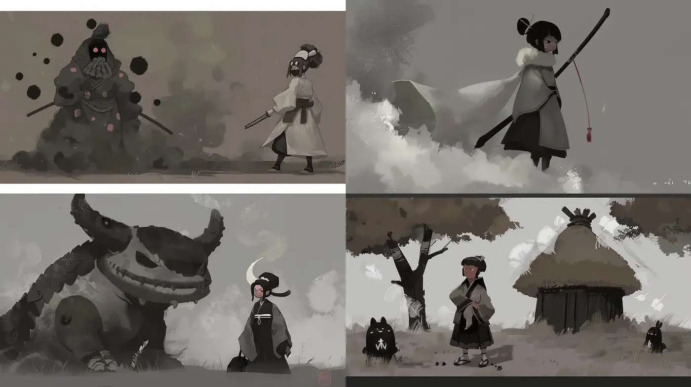 Mystical Fantasy with a Monochromatic Palette and Folkloric Elements - Midjourney sref style