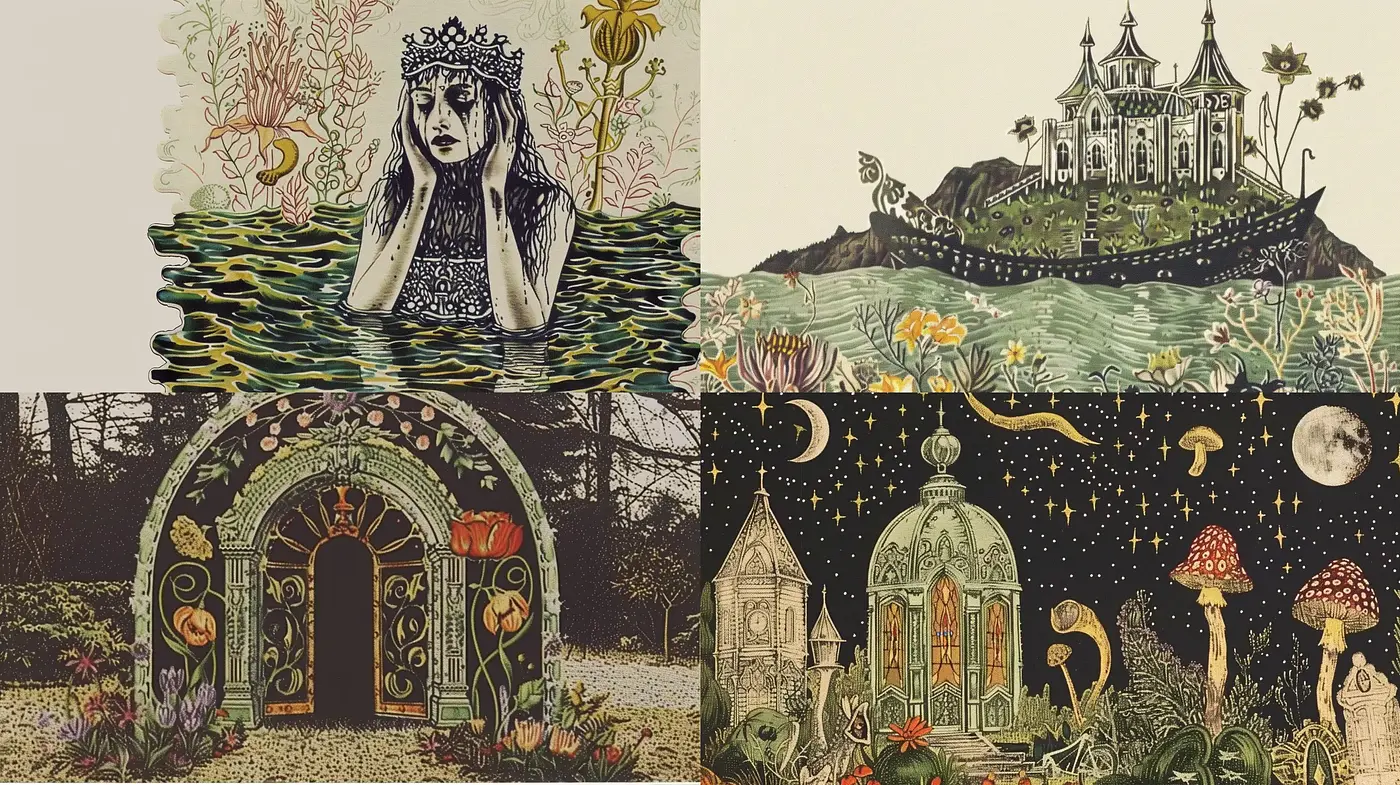 Whimsical Storybook Illustrations with Enchanted Nature Motifs - Midjourney sref style