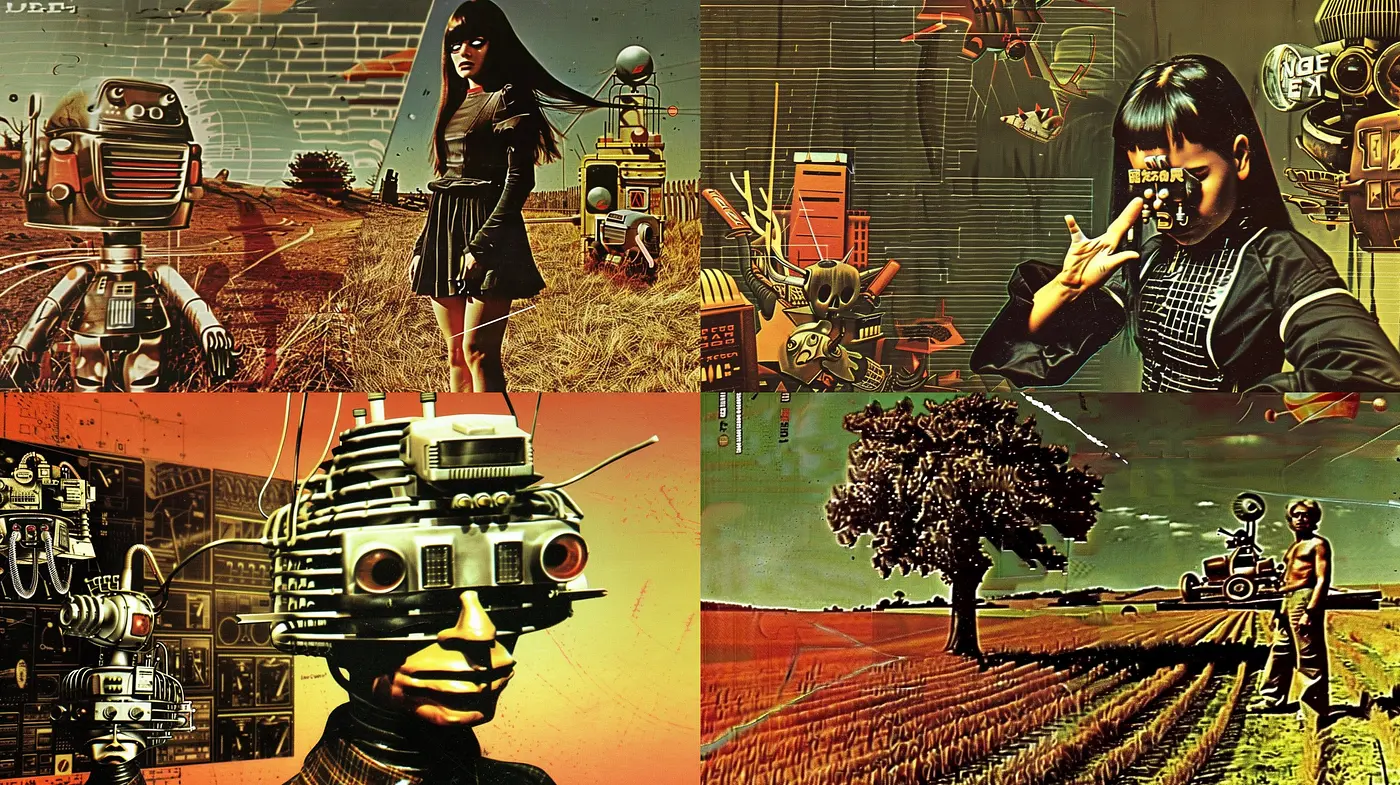 Synthetic Pastoral Dreams: A Fusion of Vintage Sci-Fi Aesthetics and Surrealist Landscapes - Midjourney sref style