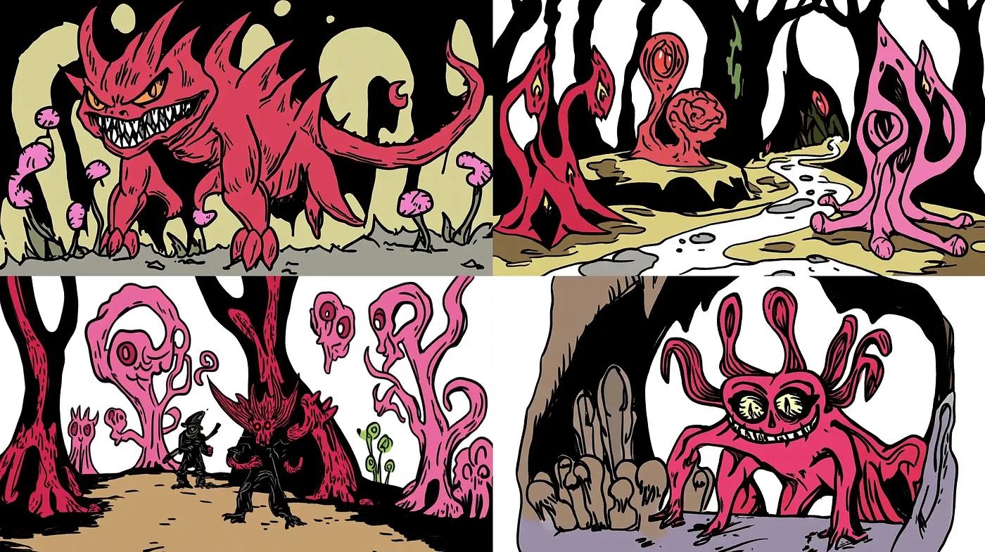 Whimsical Forest of Chromatic Contrasts and Surreal Creatures - Midjourney sref style