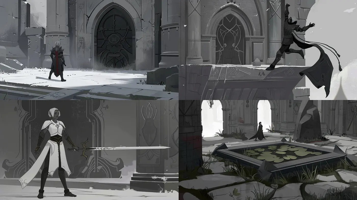 Monochromatic Elegance: Consistent Shades of Gray in a Stylized Realm - Midjourney sref style