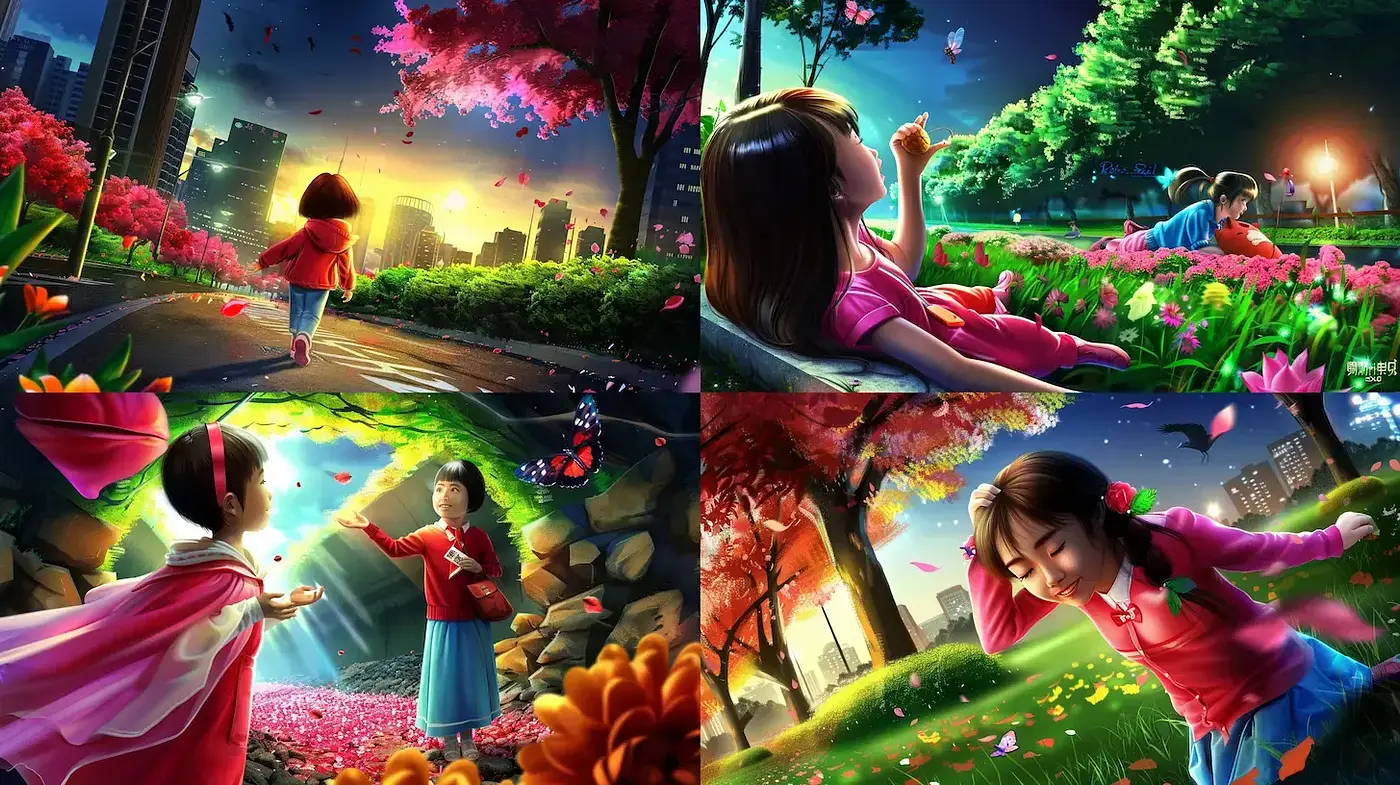 Vibrant and Whimsical Urban Nature Scenes with a Luminous Mood - Midjourney sref style