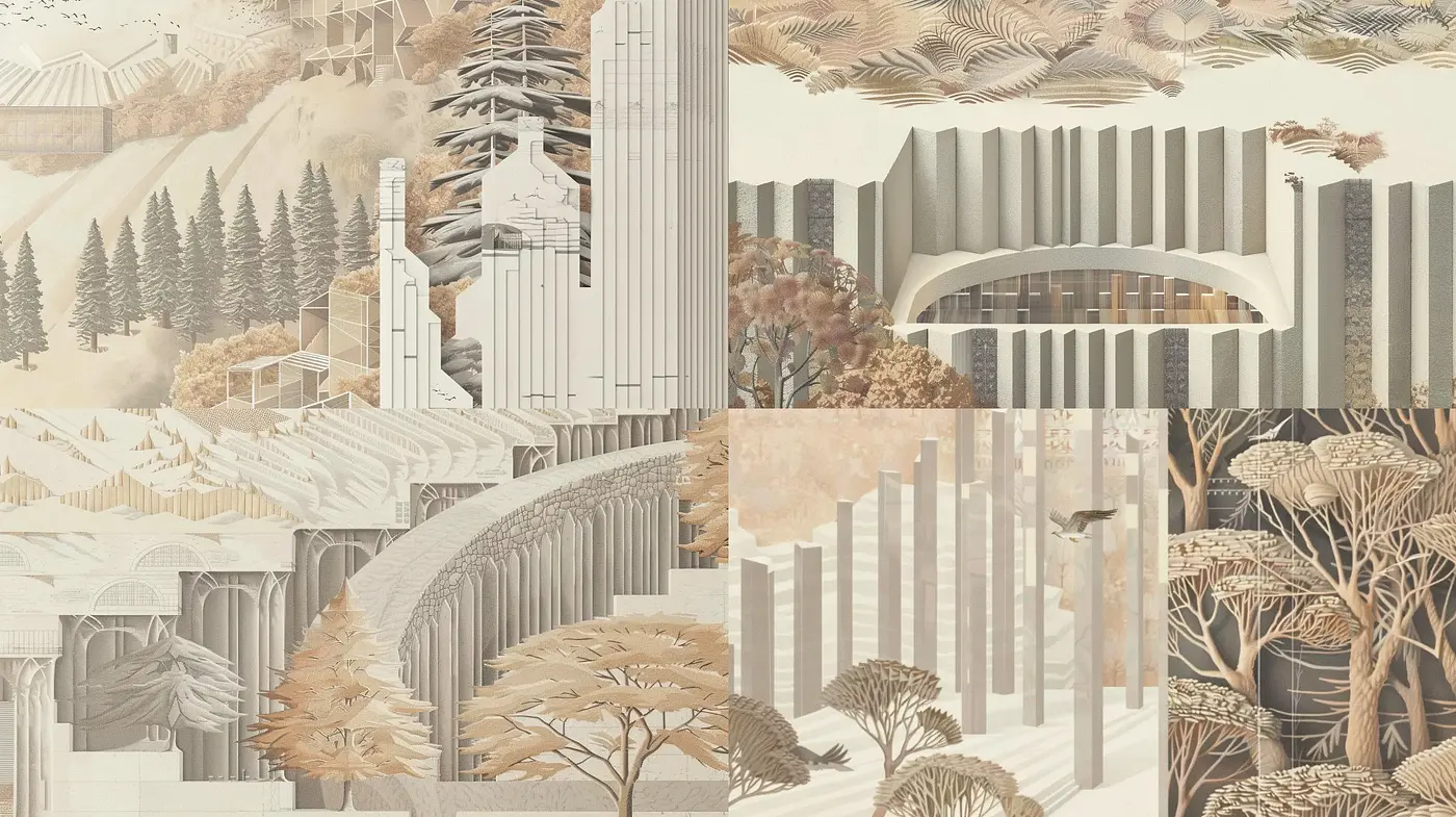 Serenity in Sepia: Architectural Forms Blended with Nature's Palette - Midjourney sref style