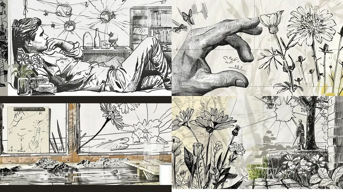 Artistic Exploration of Nature and Human Connection Through Monochrome Illustration - Midjourney sref style