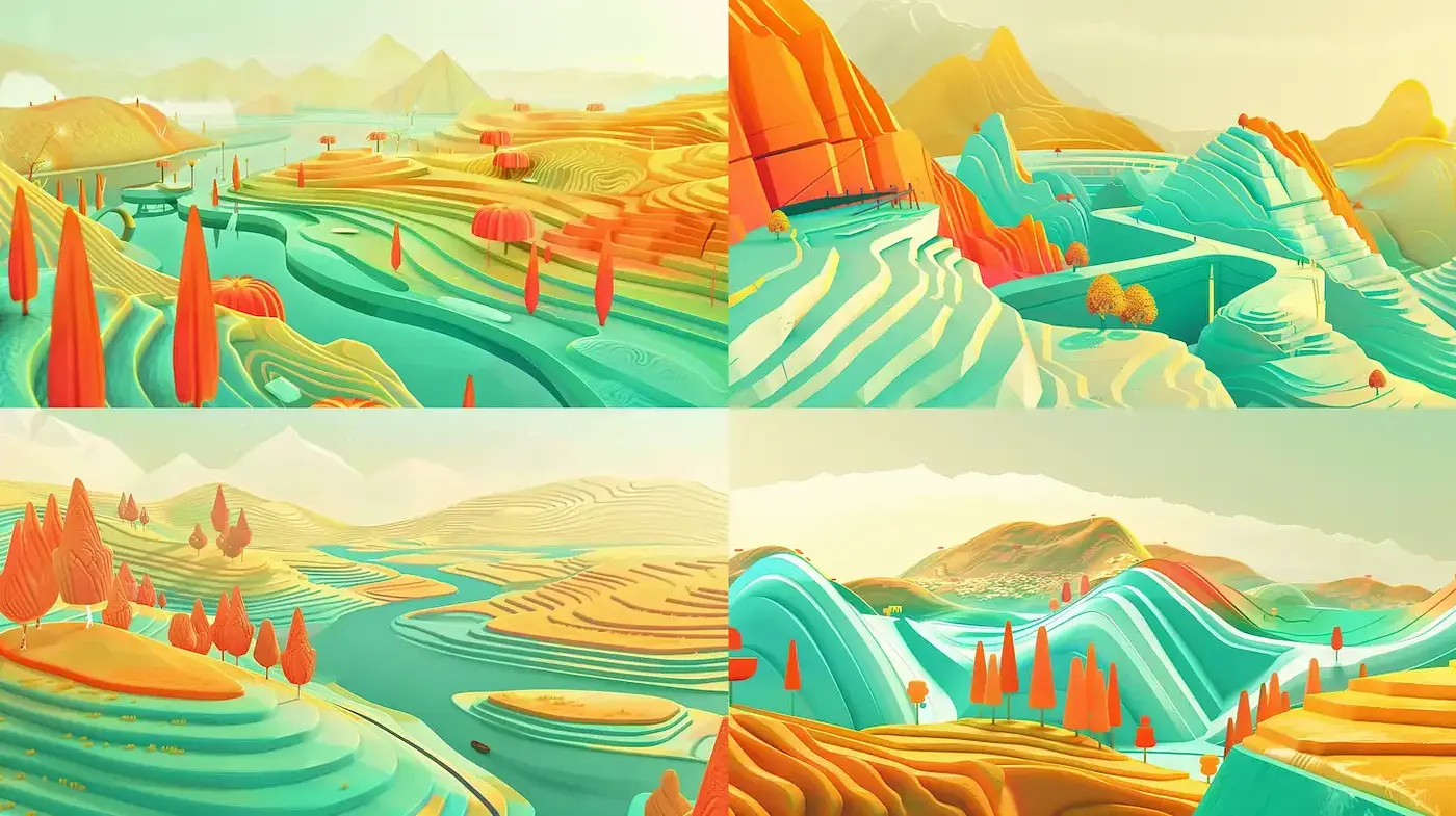 Vibrant and Geometric Landscape with Playful Elements - Midjourney sref style