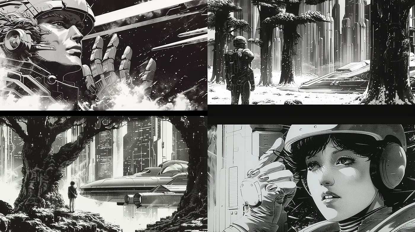 Monochromatic Futurism: A Homage to Sci-Fi Realism in Greyscale - Midjourney sref style