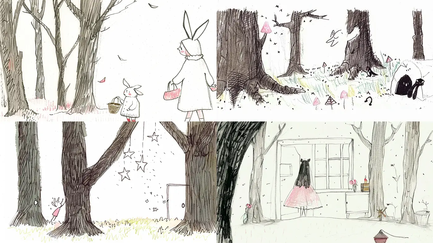 Whimsical Woodland Fairytale with Hand-drawn Aesthetics - Midjourney sref style
