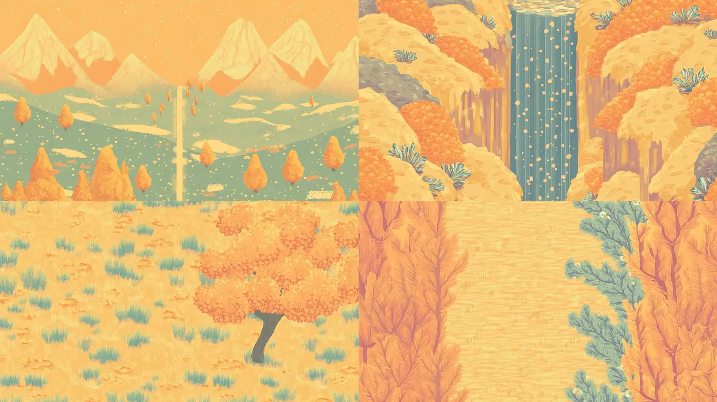 Autumnal Harmony in Earth Tones: A Consistent Artistic Vision Across Four Landscapes - Midjourney sref style