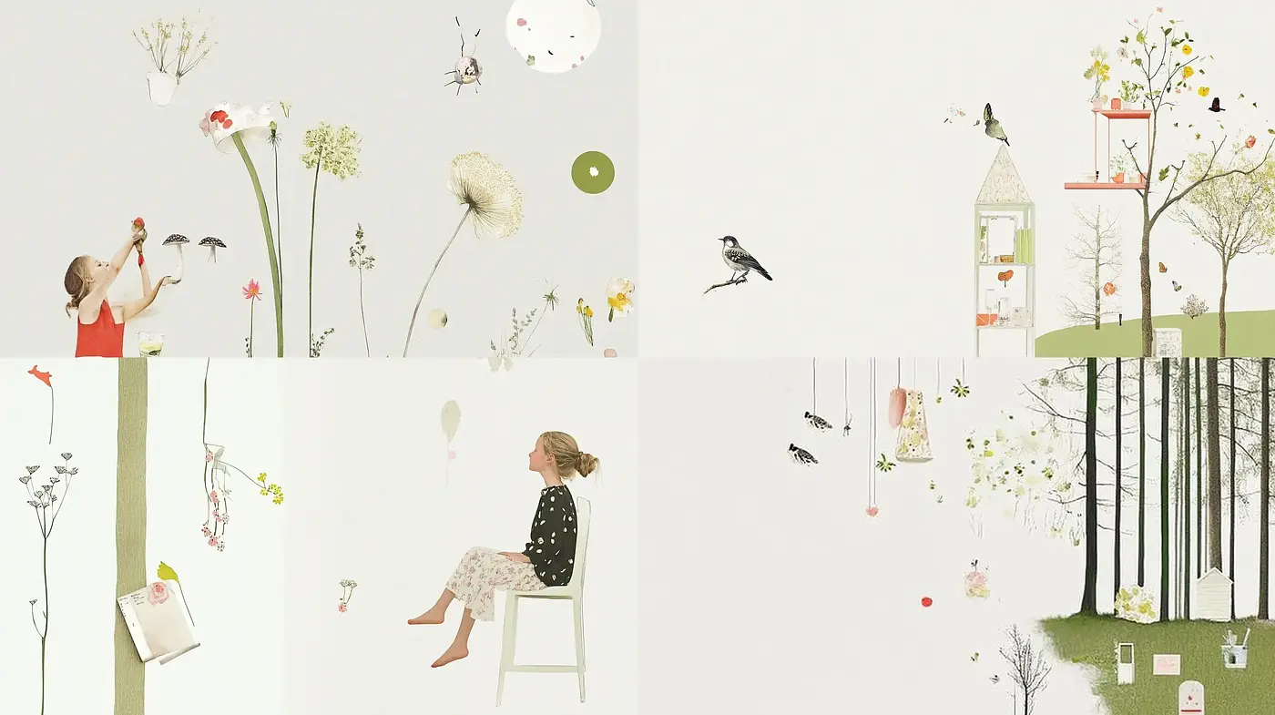 Serene Whimsical Illustrations Melding Nature with Hushed Tones - Midjourney sref style