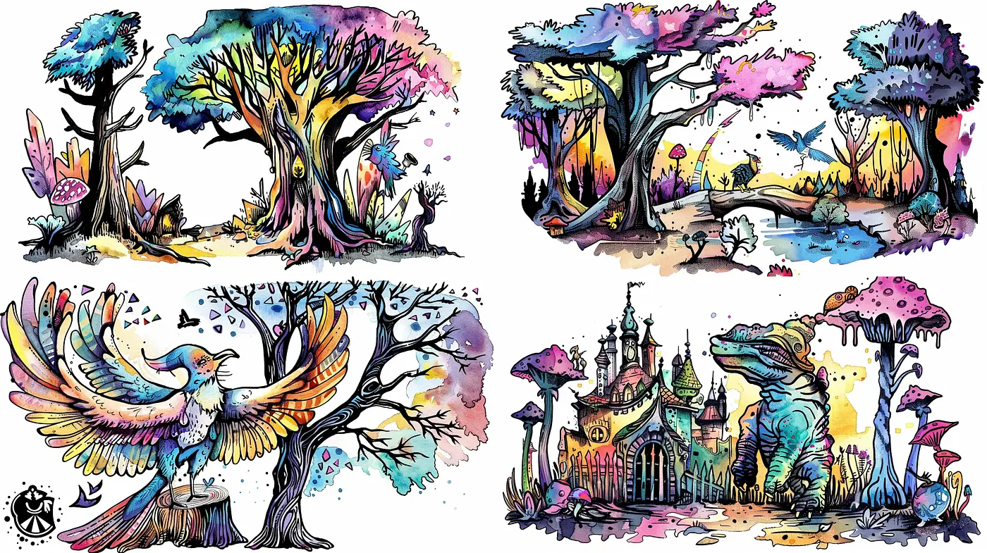 Whimsical Ink-Washed Fantasy Scapes - Midjourney sref style