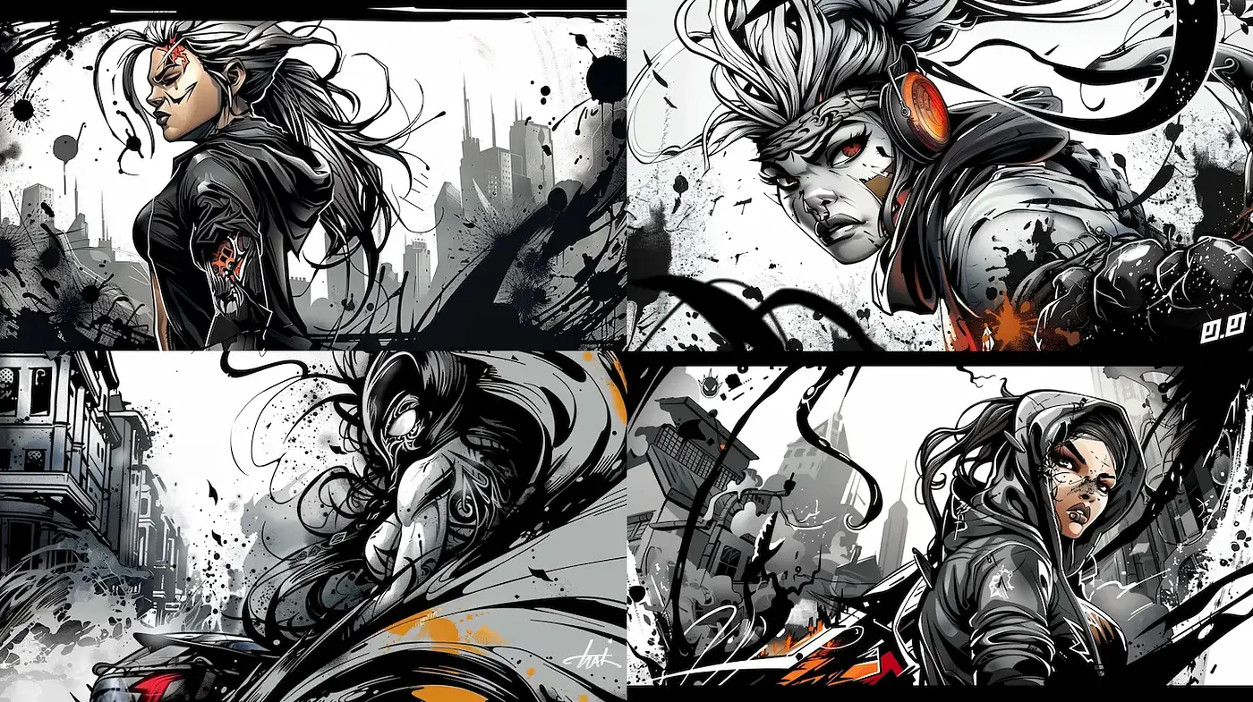 Dynamic Comic-Style Art with Urban Elements and Bold Character Design - Midjourney sref style