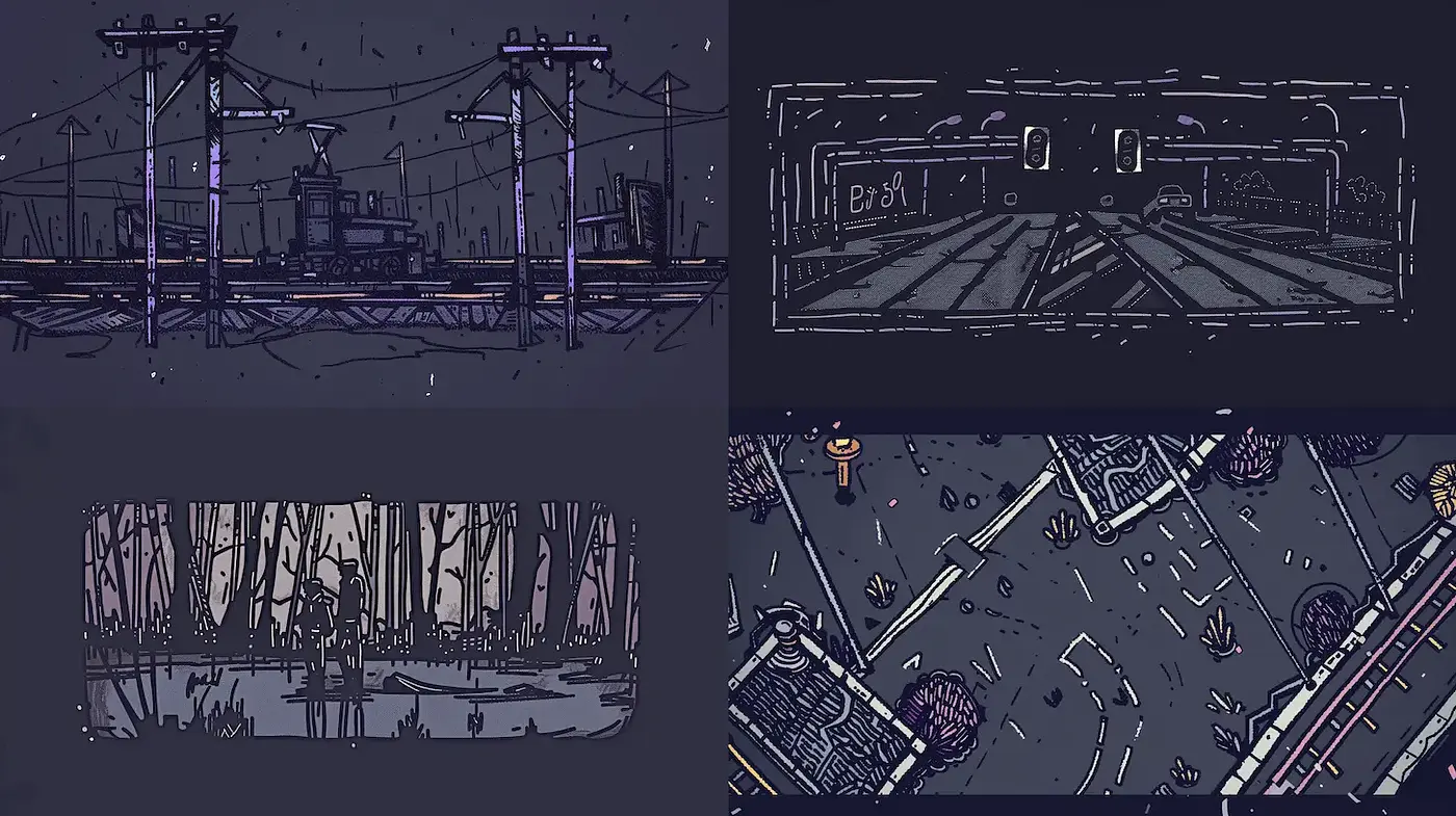 Moody and Simplistic Illustrations Evoking Urban Ambiance - Midjourney sref style