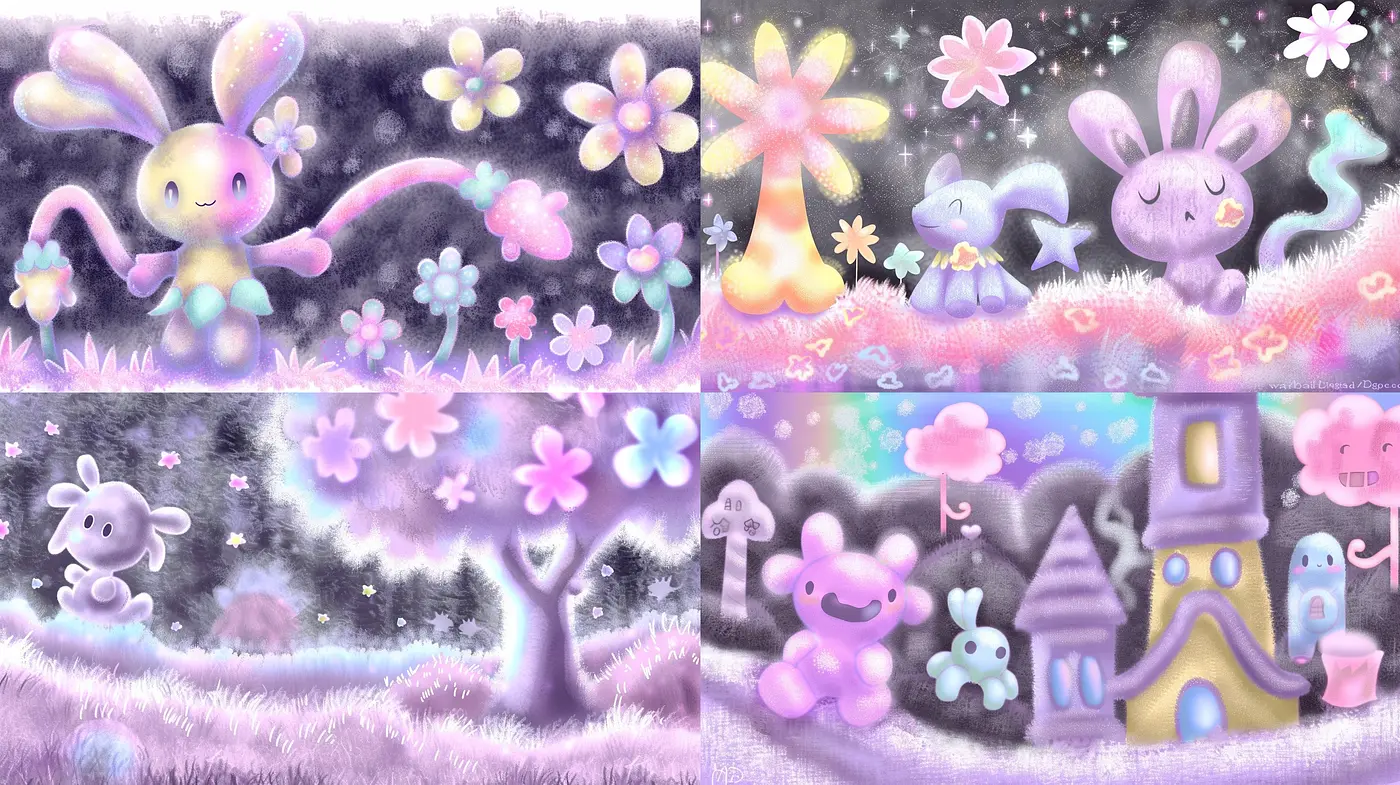 Dreamlike Pastel Fantasia: A Blend of Whimsical Storybook Illustrations and Soft Textures - Midjourney sref style