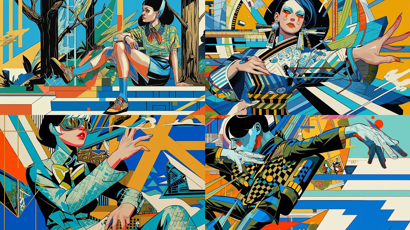 Geometric Dynamism: An Ode to Digital Cubism and Retro-Futuristic Patterns - Midjourney sref style