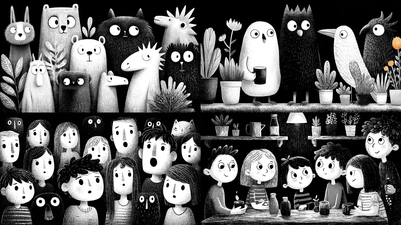 Charming monochrome whimsical art with playful character designs - Midjourney sref style