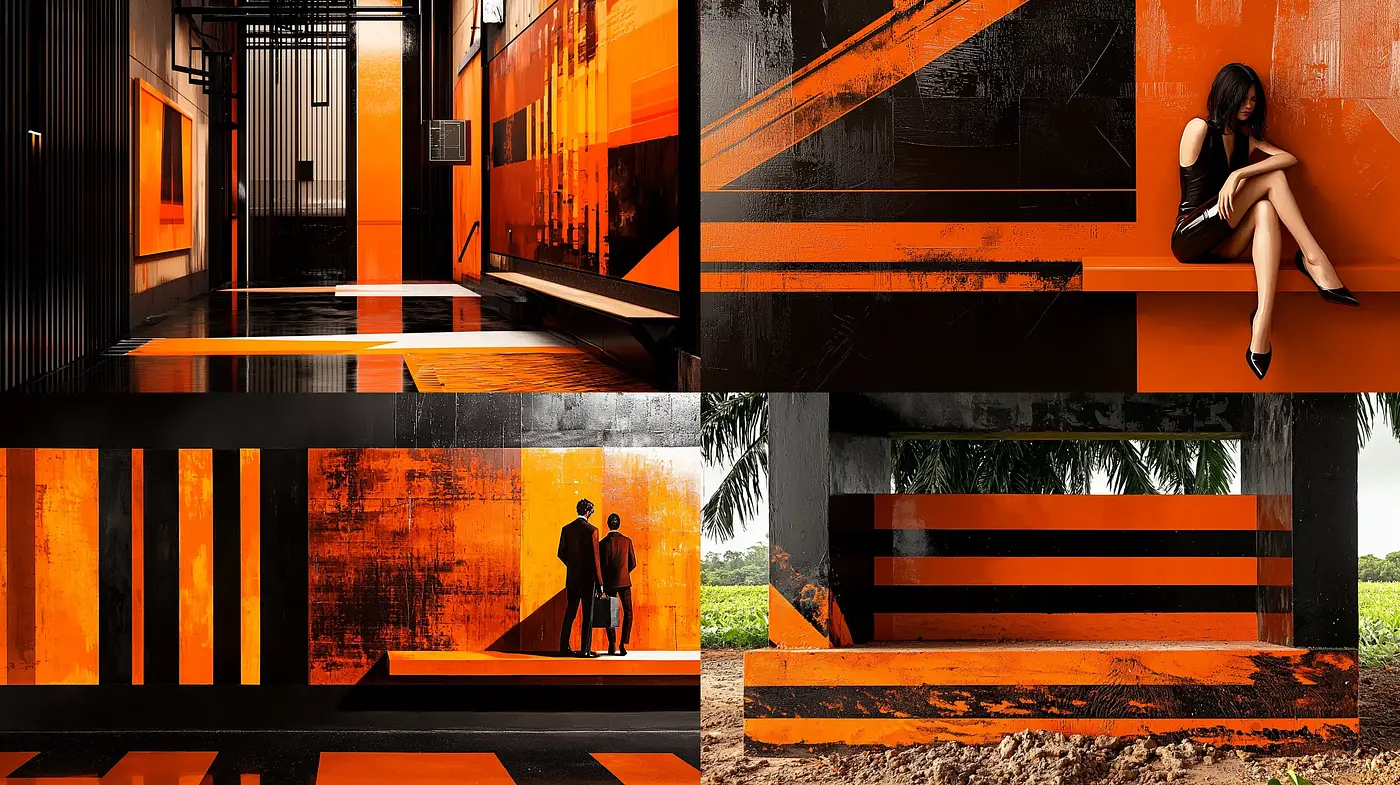 Striking Contrasts and Textures in Orange-Black: A Study of Mood and Technique - Midjourney sref style