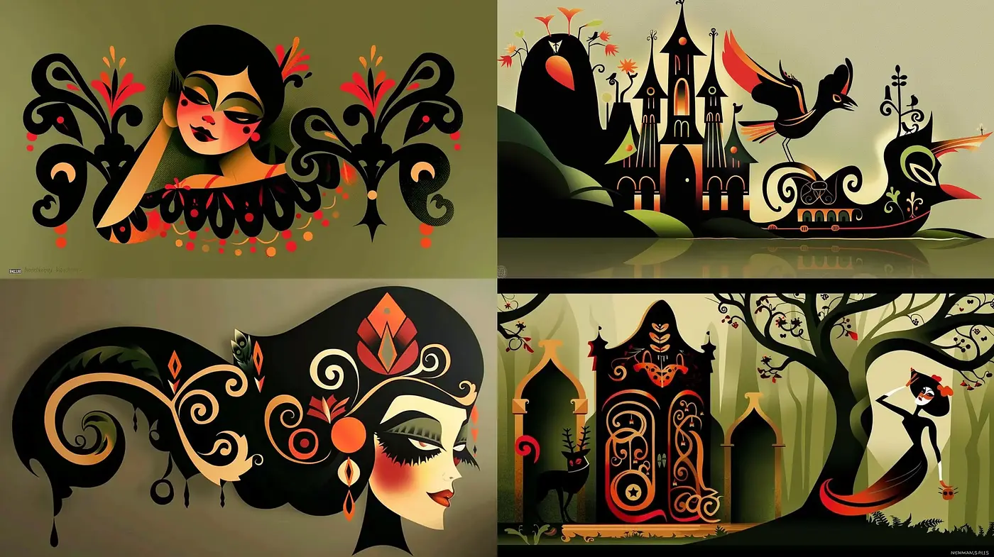 Baroque Folklore Fusion in Stylized Animation - Midjourney sref style