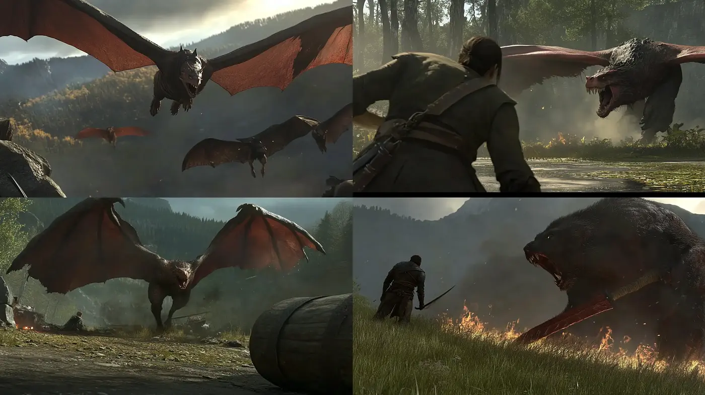 Epic Cinematic Dragon Encounter with Muted Earthy Tones and Dynamic Lighting - Midjourney sref style