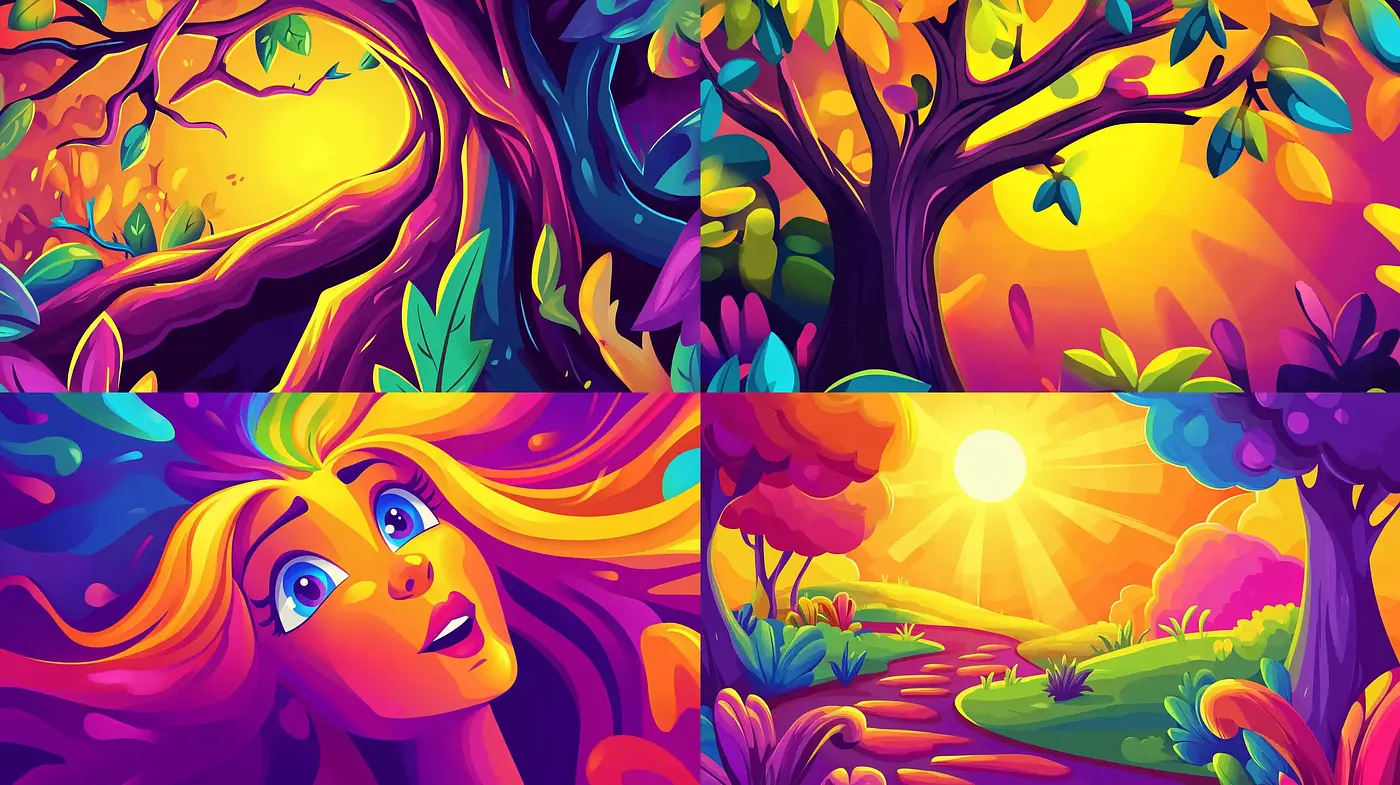 Vibrant Tale of Chromatic Harmony: A Synthesis of Lively Hues and Animated Fantasy - Midjourney sref style
