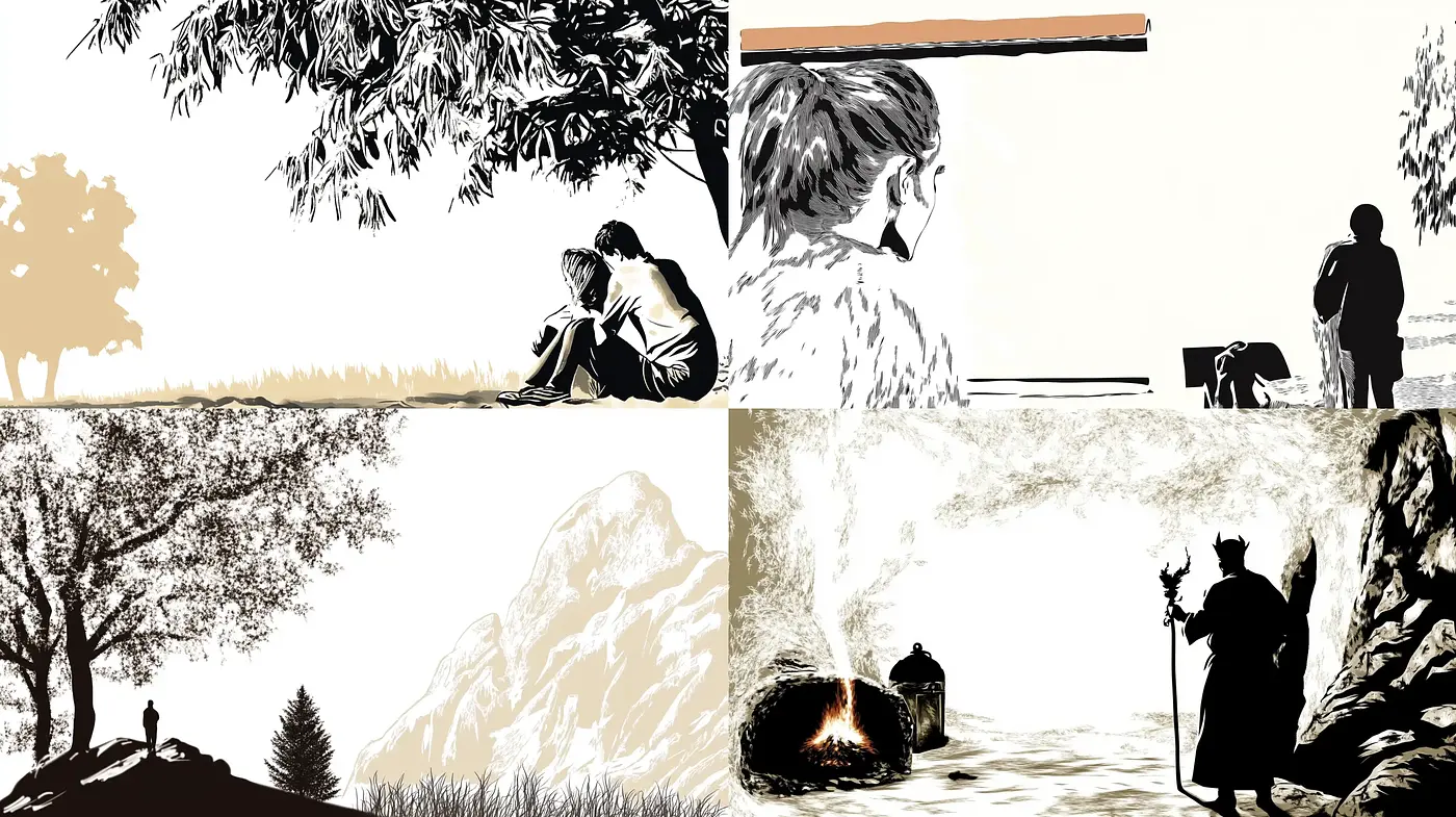 Sepia-Toned Silhouette Narrative Vignettes - Midjourney sref style