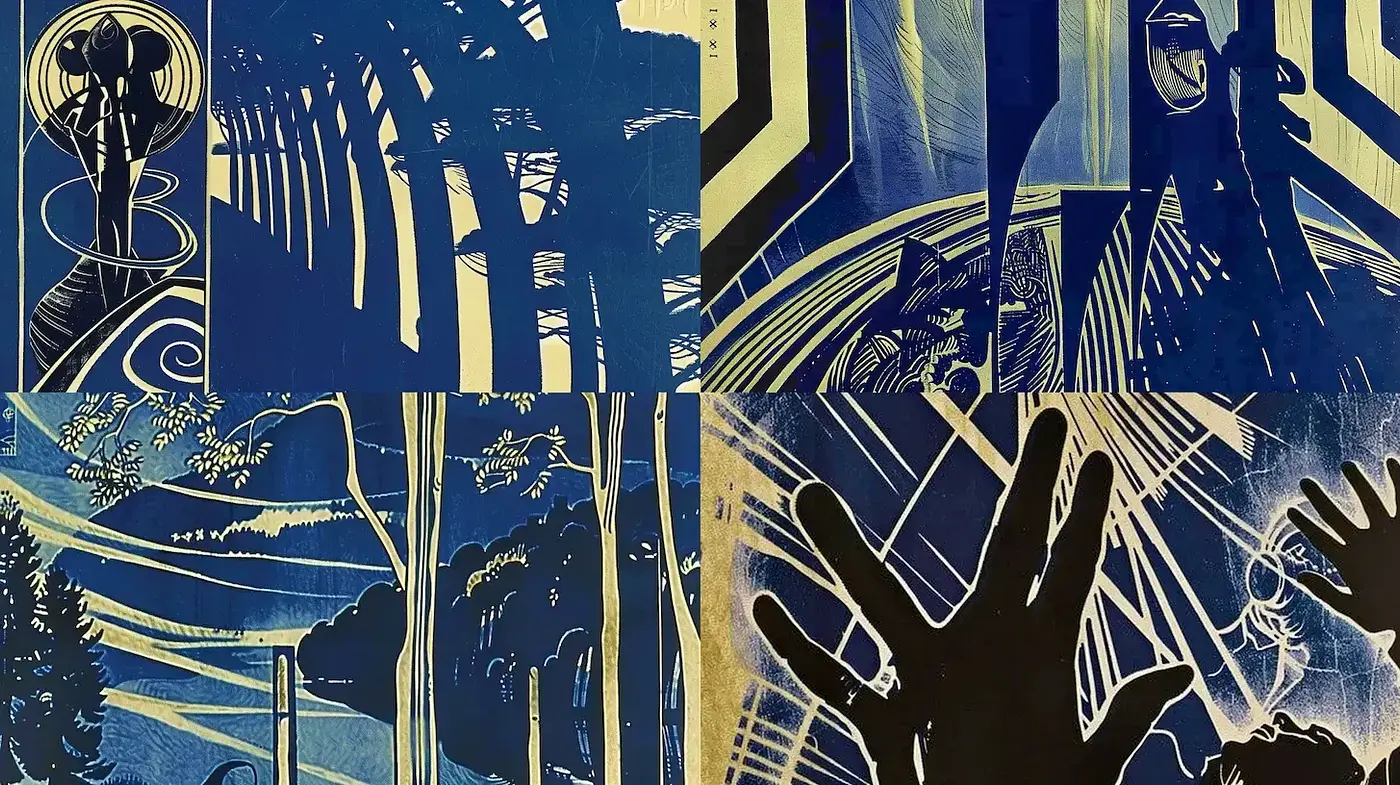 Bold and dynamic silhouettes against intricate backgrounds - Midjourney sref style