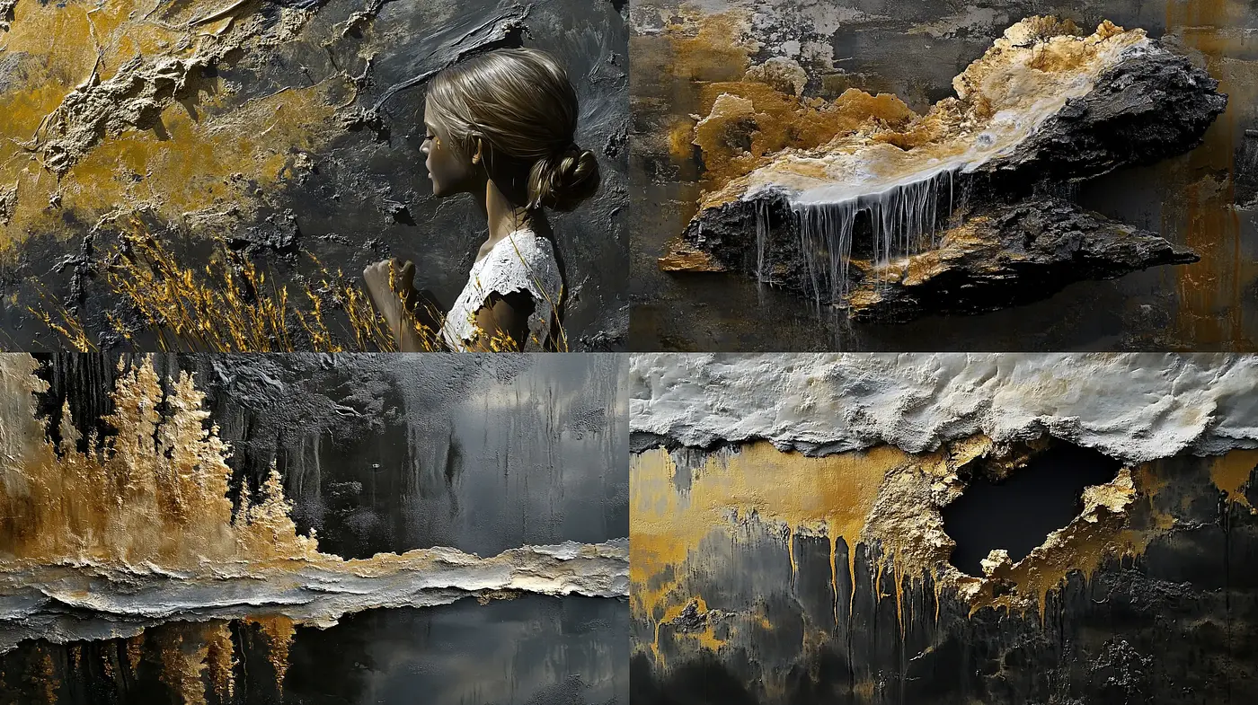 Ethereal Textured Vistas in Monochromatic Golds and Blacks - Midjourney sref style