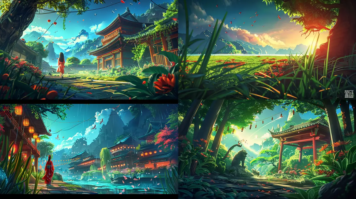 Lush Mythological Gardens: A Fusion of Vibrancy and Serenity in Digital Painting - Midjourney sref style