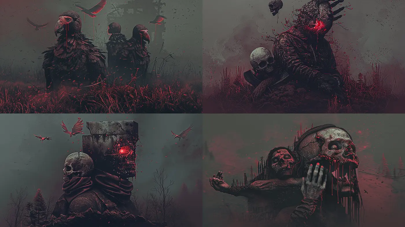Eerie Red-Toned Dreamscape with Macabre Surrealism - Midjourney sref style