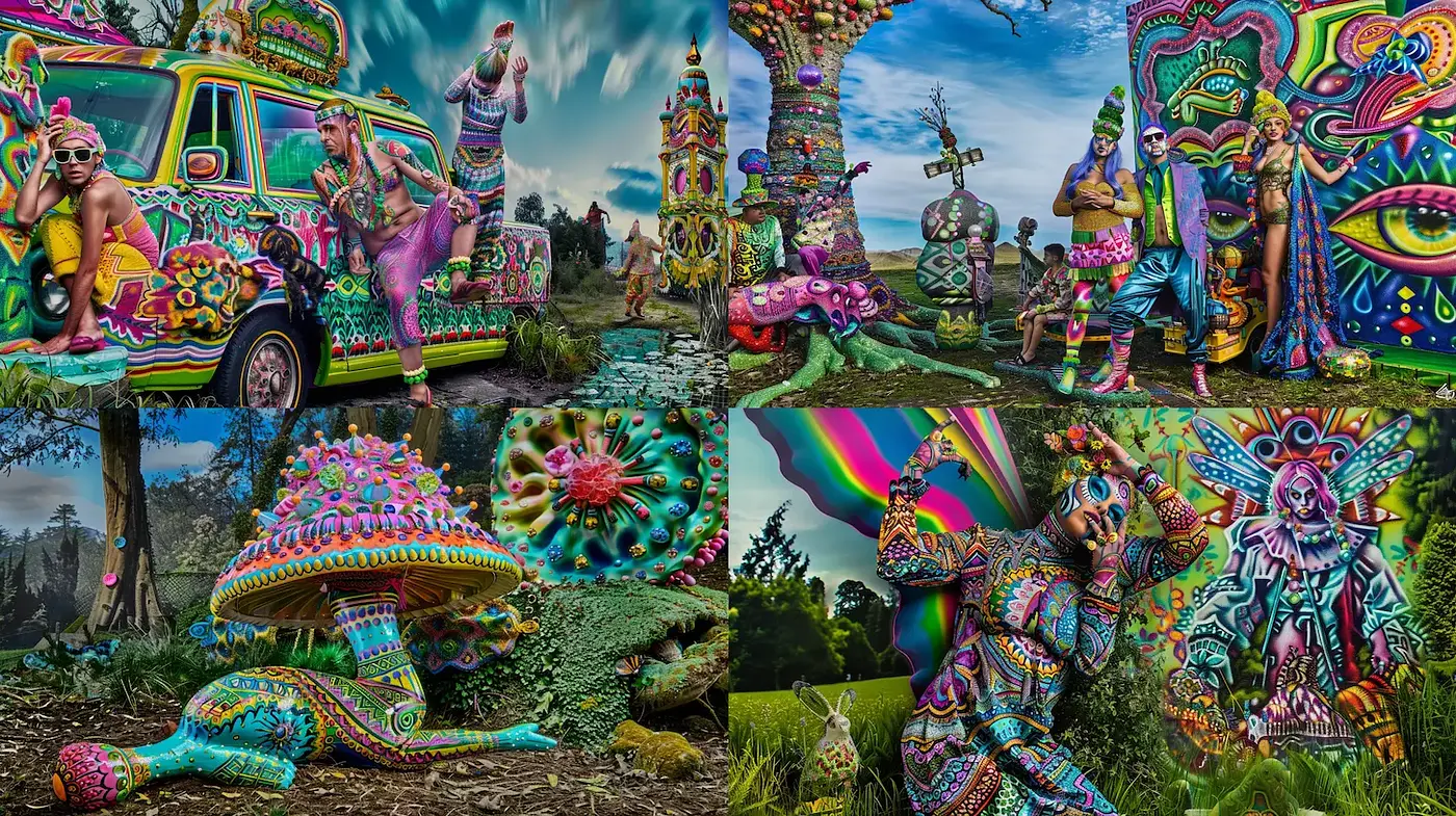 Vibrant psychedelic surrealism with a playful essence and organic textures - Midjourney sref style