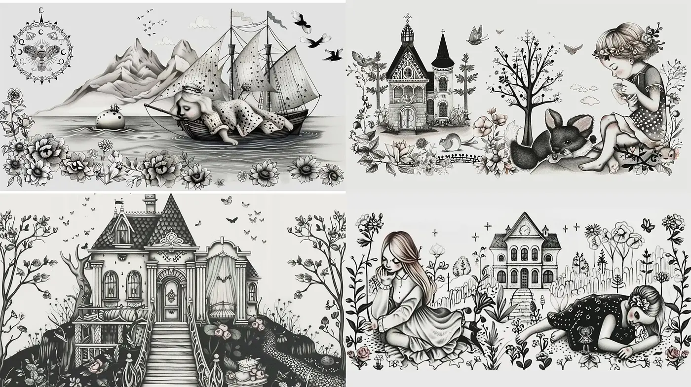 Whimsical Monochromatic Storybook Illustrations - Midjourney sref style
