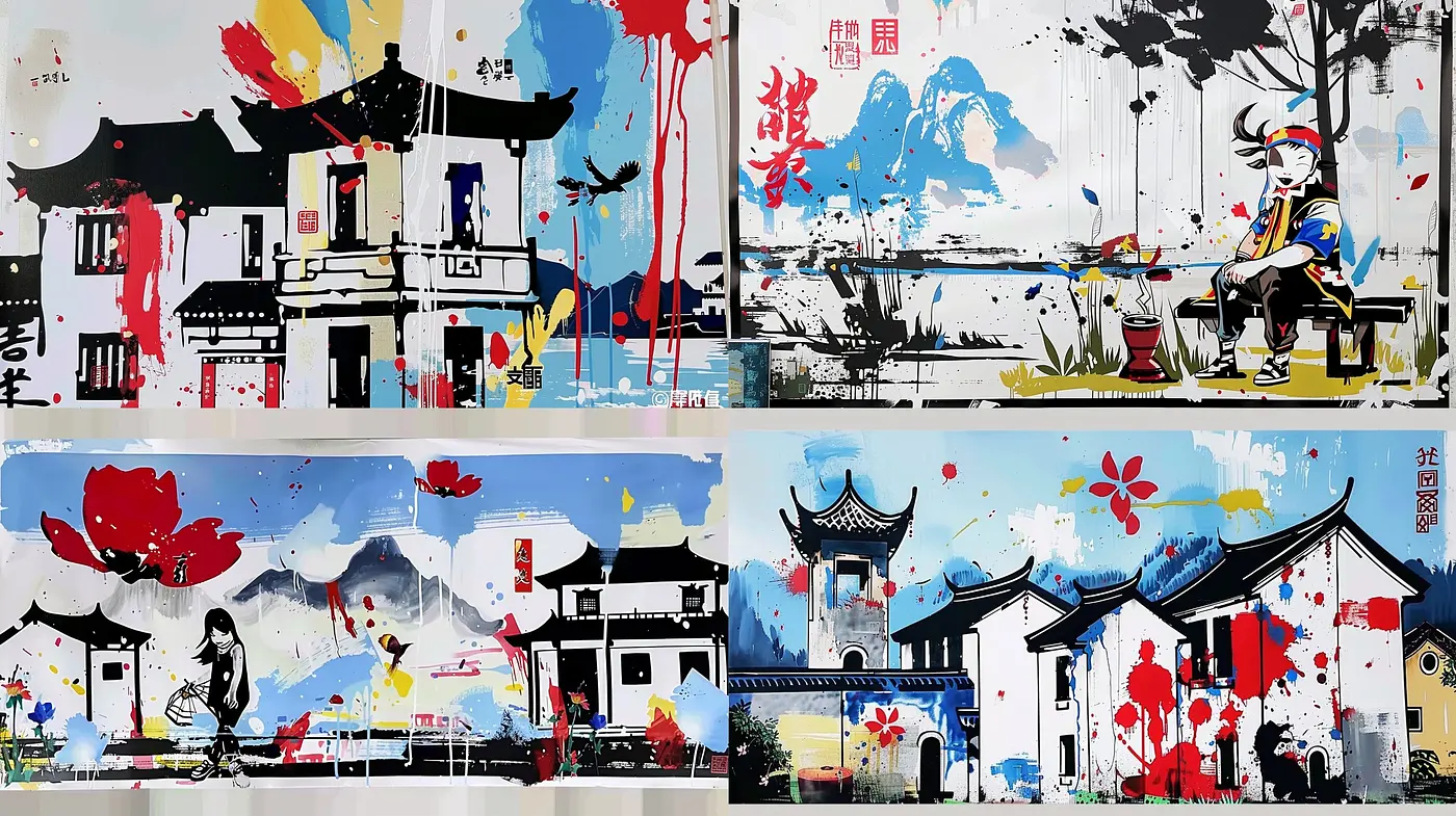 Contemporary East Asian Fusion with Bold Ink Splashes - Midjourney sref style