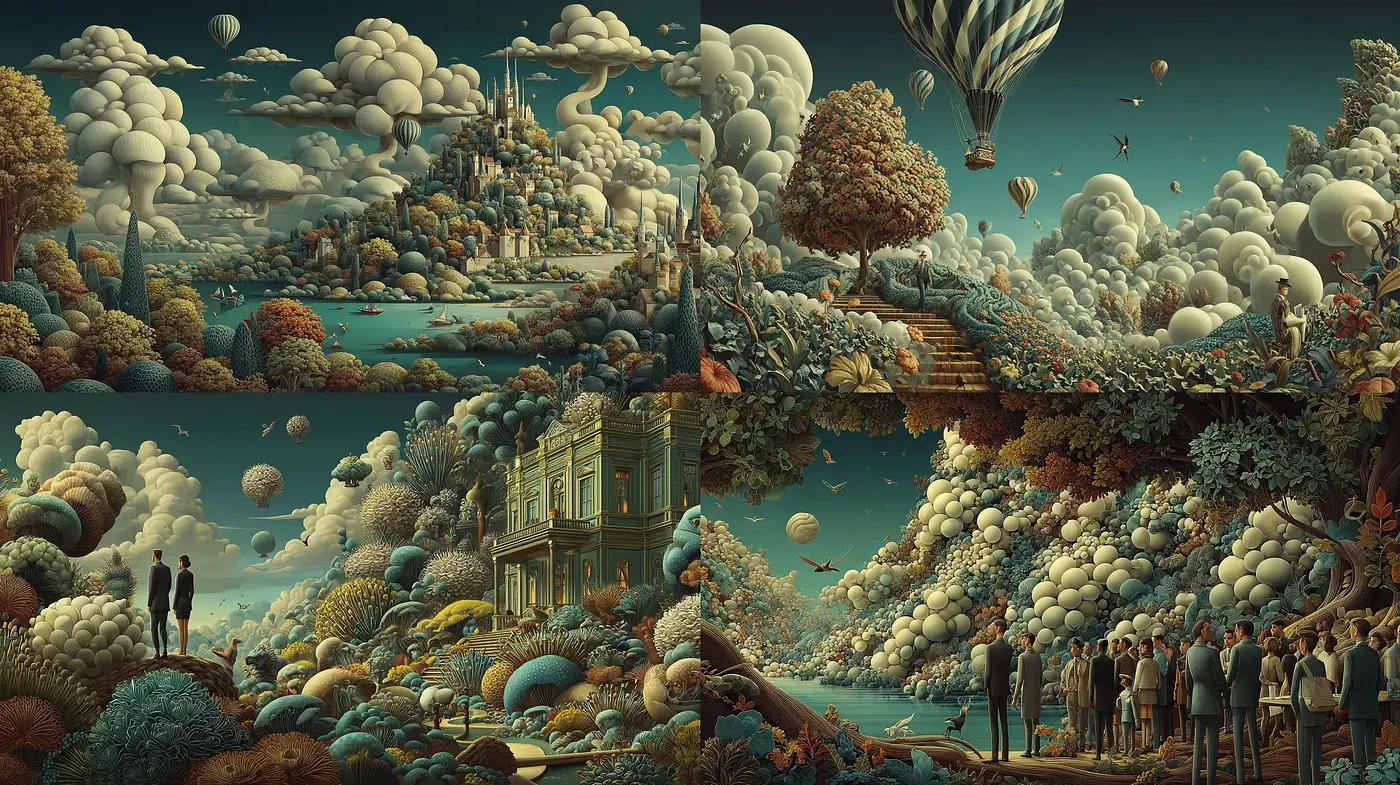 Whimsical Surrealism Inspired by Dreamlike Landscapes - Midjourney sref style