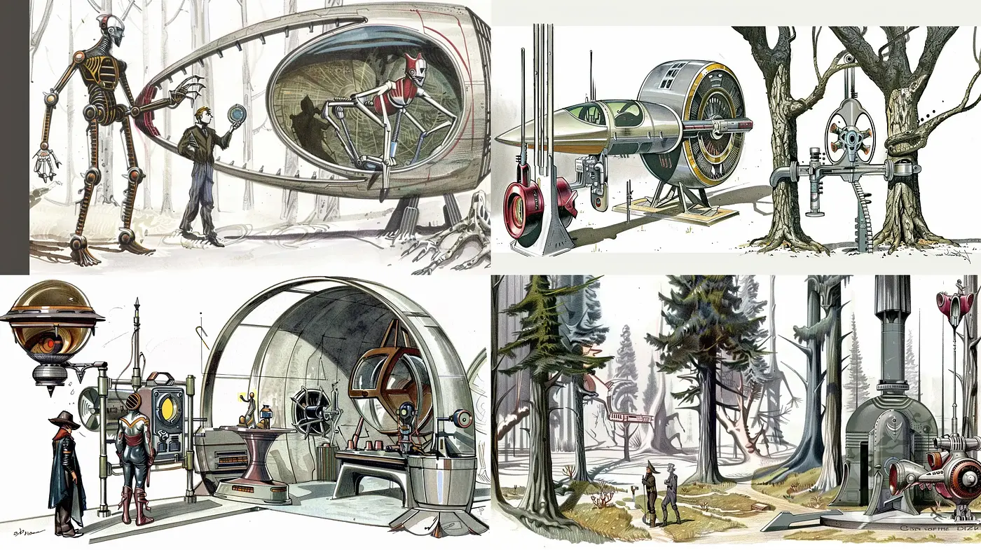 Futuristic Retro Elegance: Consistent Visions of a Stylized Vintage Sci-Fi World - Midjourney sref style