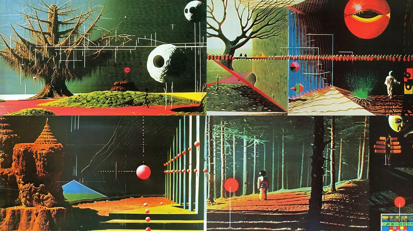 Surreal Dreamscapes with Geometric Harmony and Neon Accents - Midjourney sref style