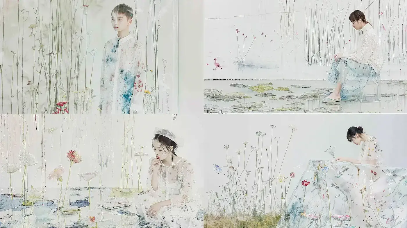 Ethereal watercolor portraits with delicate floral elements - Midjourney sref style