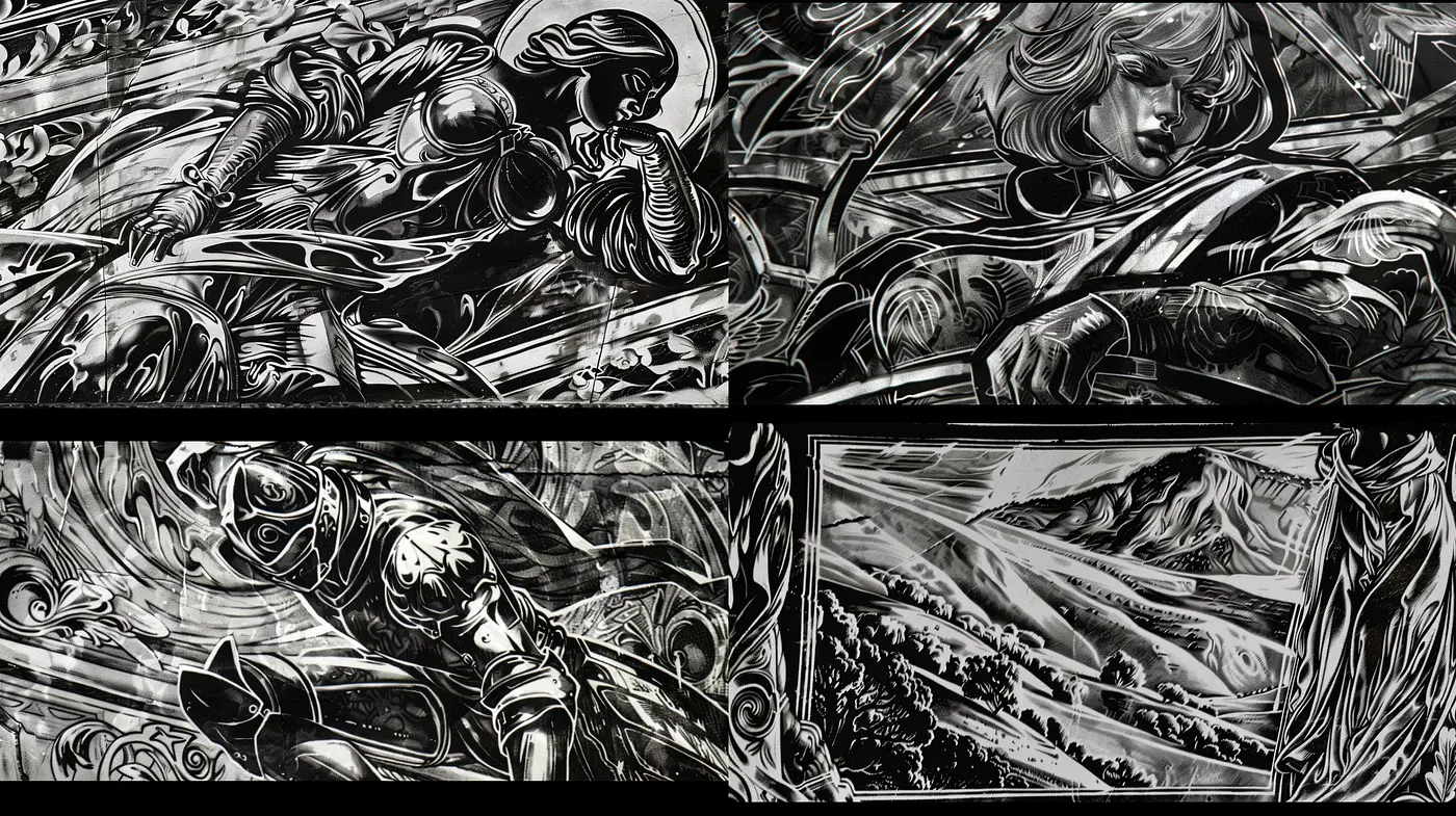 Monochromatic Symphony of Swirling Shadows and Forms - Midjourney sref style