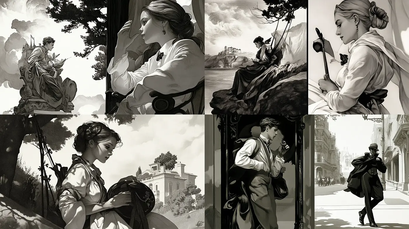 Monochromatic Nostalgia: A Homage to Classic Storybook Illustrations - Midjourney sref style