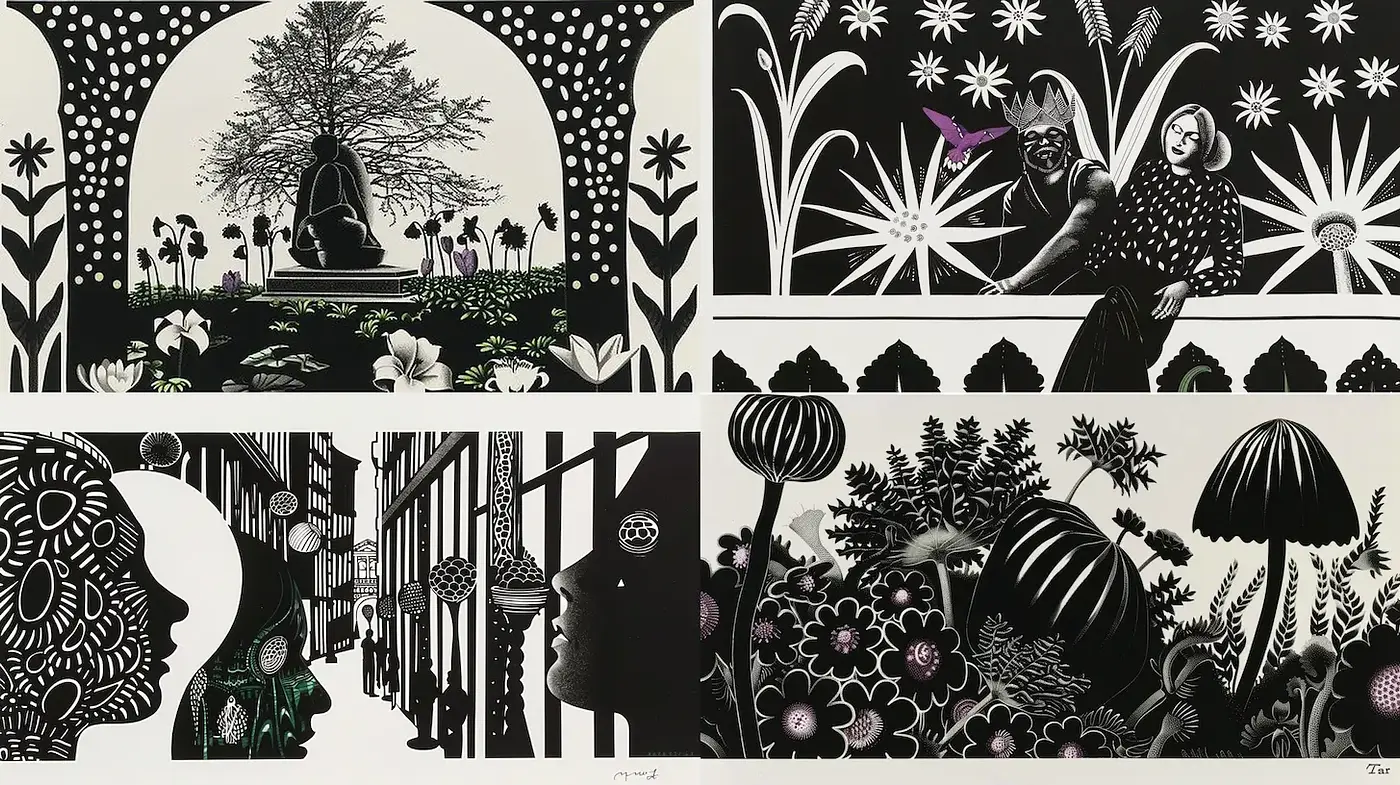 Intricate monochromatic botanical and figurative illustrations with a contemporary twist - Midjourney sref style