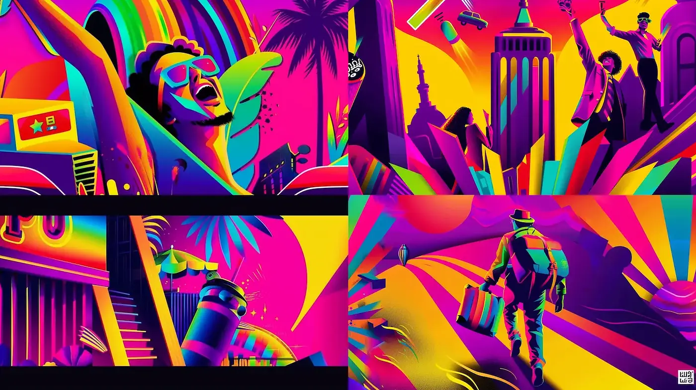Vivid and Playful Neon Aesthetic with Surreal Influences - Midjourney sref style