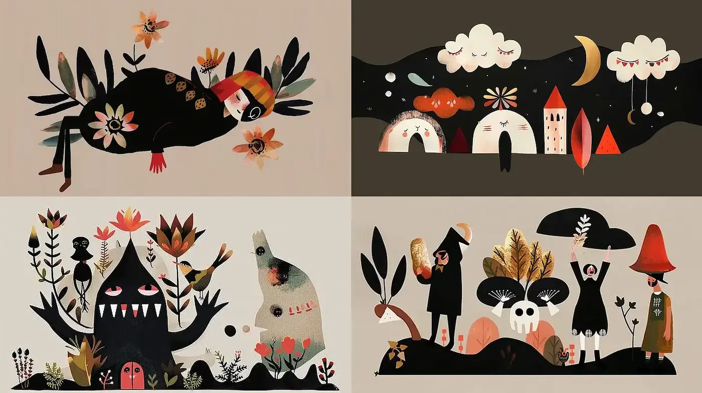 Enchanted Folk Illustrations with a Harmonious Earthy Palette - Midjourney sref style