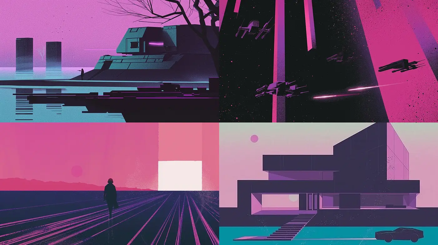 Synthetic Twilight: A Stylized Fusion of Dystopian Modernity and Surreal Hues - Midjourney sref style