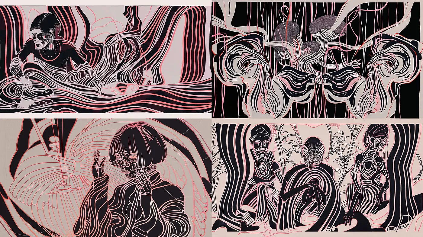 Echoes of Abstract Exploration: A Harmonious Blend of Monochrome and Radiant Accents - Midjourney sref style