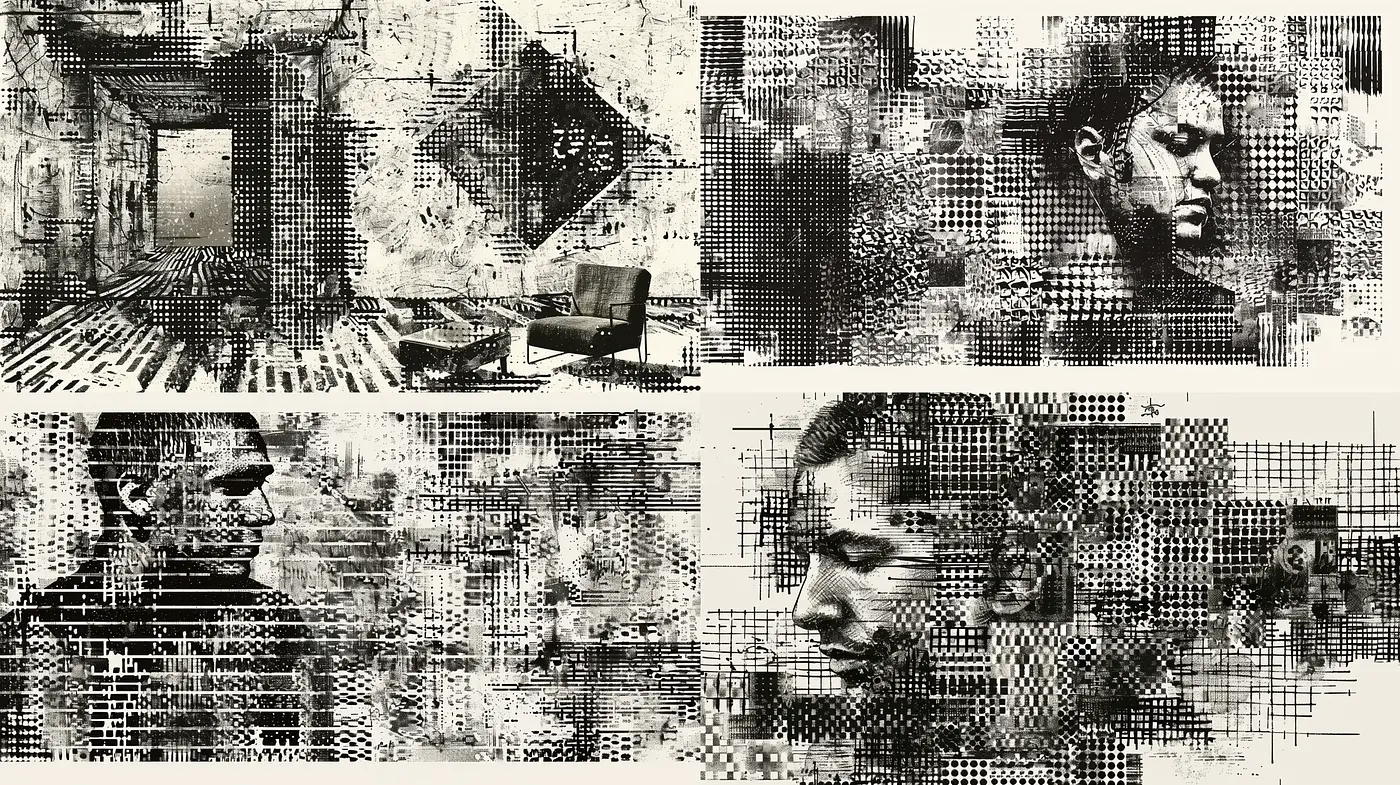 Monochrome Mosaic of Complexity: A Fusion of Fragmented Forms and Grunge Textures - Midjourney sref style