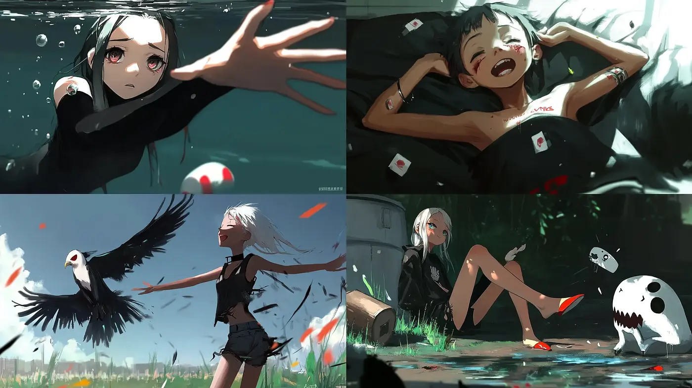 Pensive Serenity in Dynamic Brushstrokes: A Coalescence of Anime Essence and Painterly Fluidity - Midjourney sref style