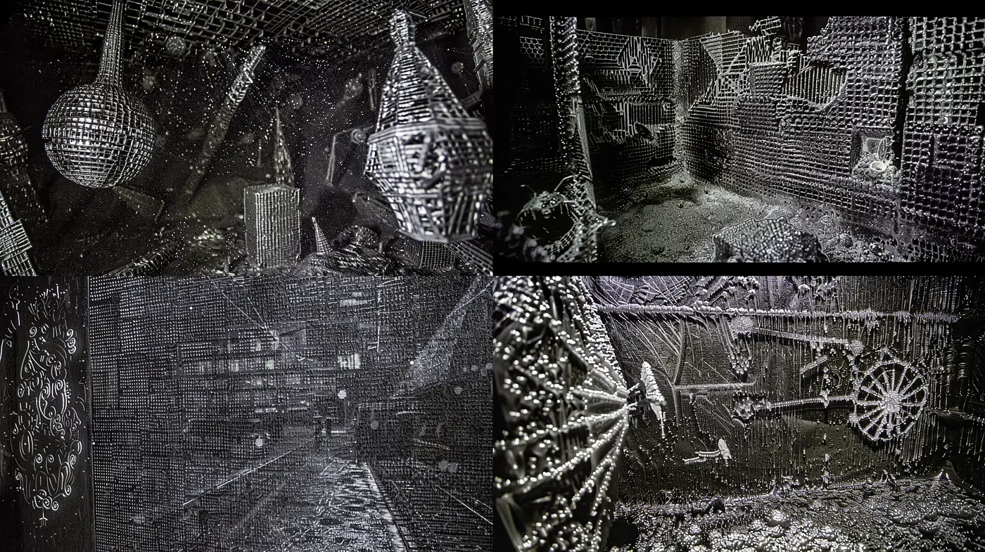 Monochromatic Mosaic Labyrinthine Dreamscape - Midjourney sref style