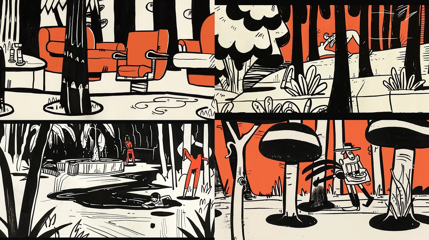Stylized Monochromatic Narratives with a Pop of Red - Midjourney sref style