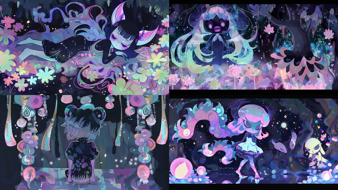 Ethereal Dreamscape Fusion with Neon Pastel Flourishes - Midjourney sref style