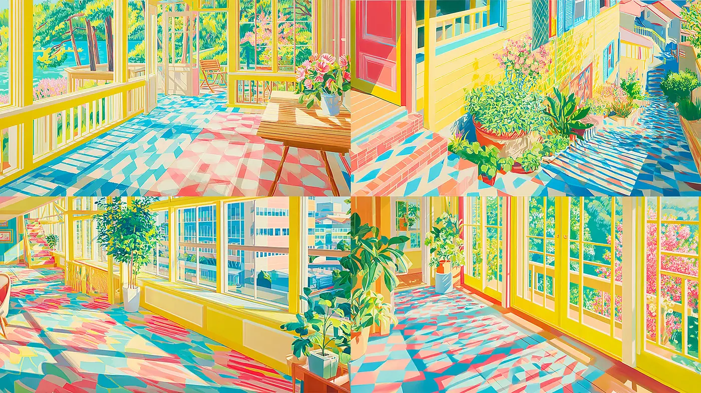 Bright and Colorful Interior with Geometric Patterns and Lush Greenery - Midjourney sref style