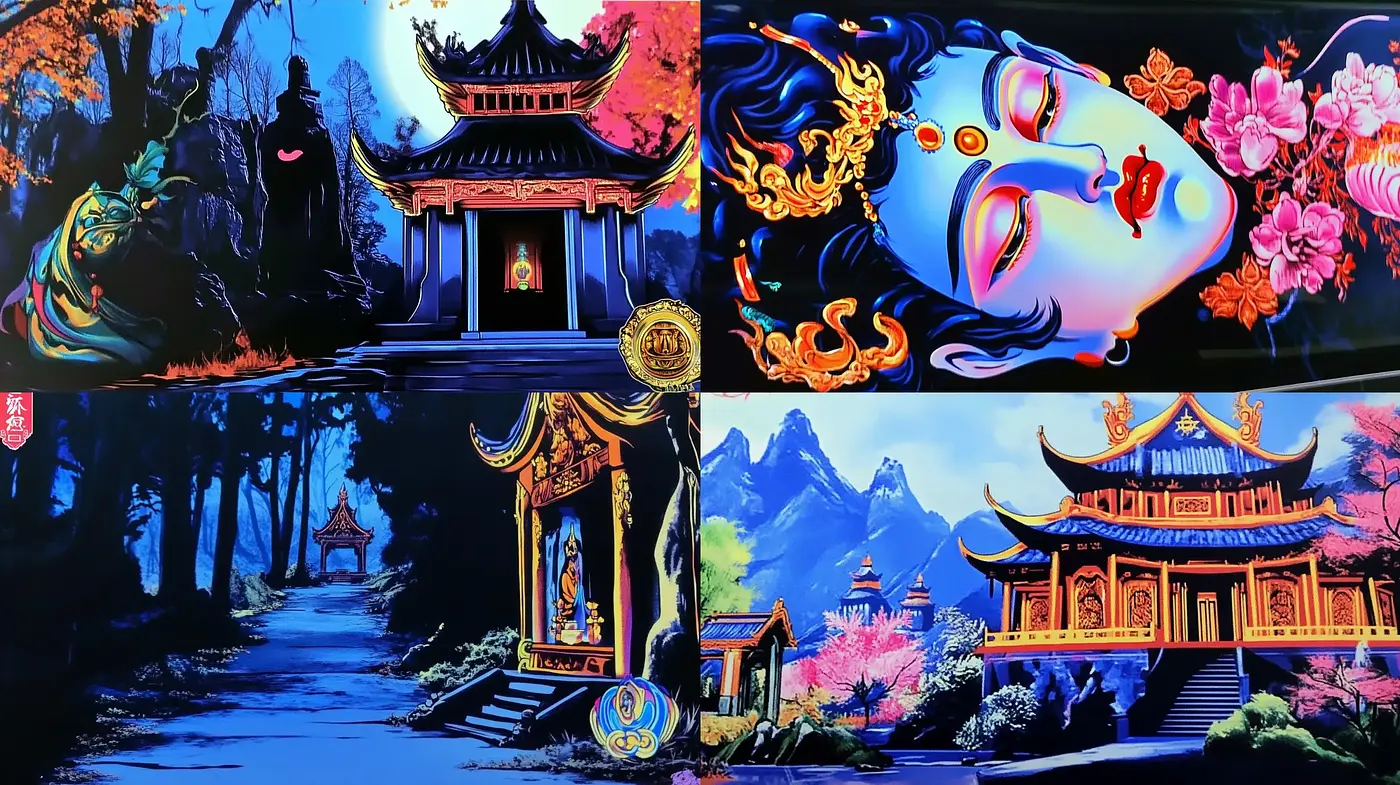 Luminous Mythic Dreamscape: A Fusion of Eastern Motifs and Phantasmagorical Art - Midjourney sref style